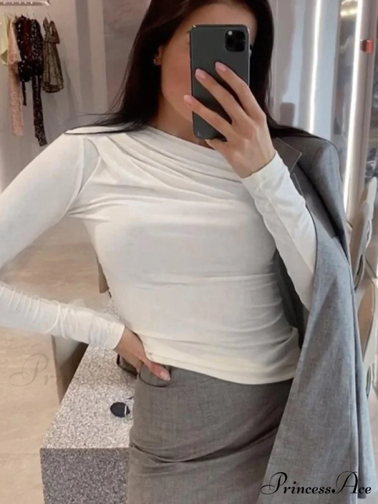 pleated color sleeve long Solid slim fit neck round T-shirt - Image 5