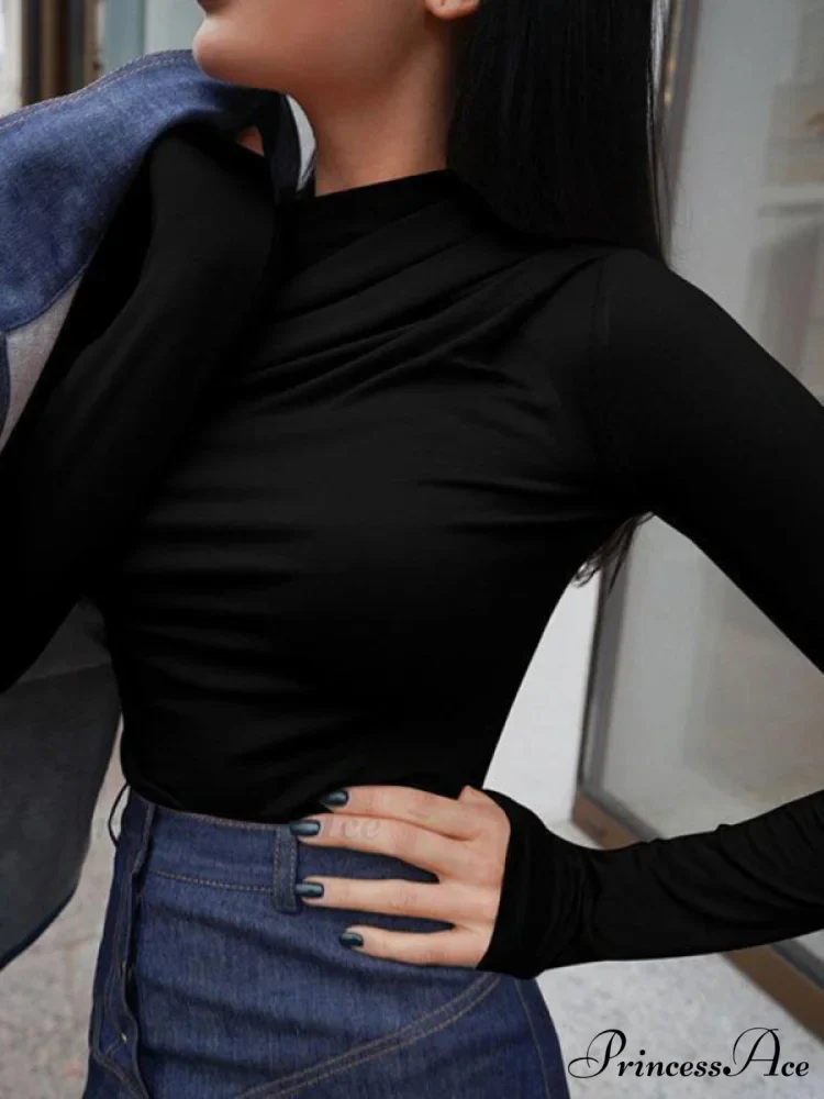 pleated color sleeve long Solid slim fit neck round T-shirt - Image 6