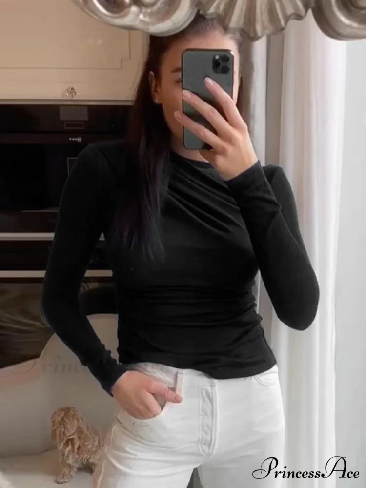 pleated color sleeve long Solid slim fit neck round T-shirt - Image 8
