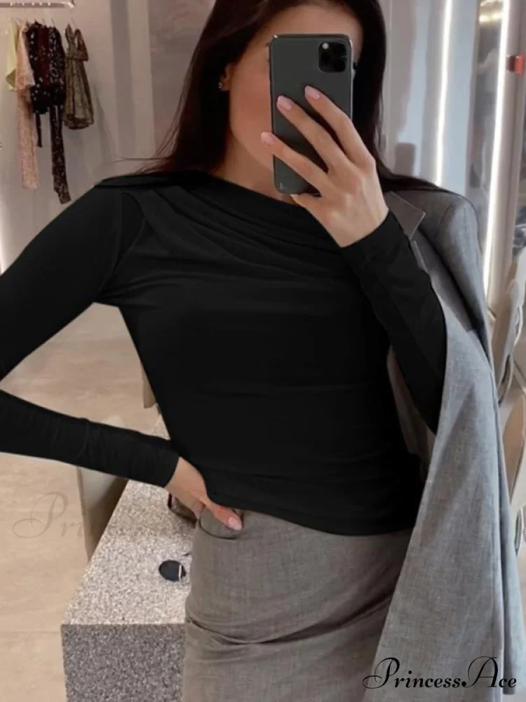 pleated color sleeve long Solid slim fit neck round T-shirt - Image 9