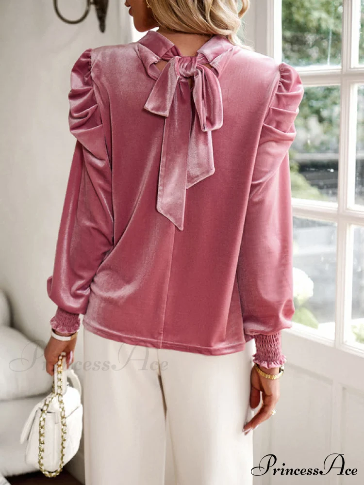 Blouse Turtleneck Puff Gold Bow Arm for Velvet Long Arm Women - Image 10