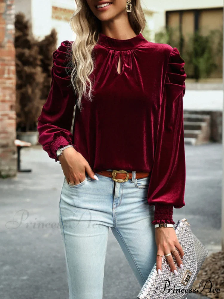 Blouse Turtleneck Puff Gold Bow Arm for Velvet Long Arm Women - Image 2