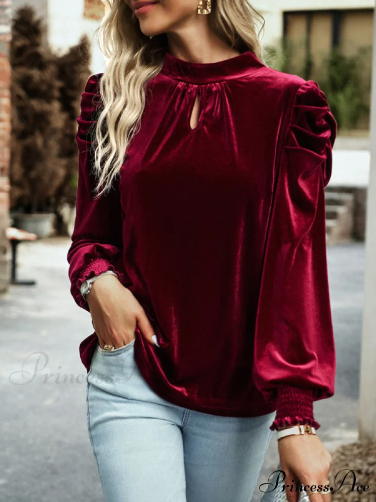 Blouse Turtleneck Puff Gold Bow Arm for Velvet Long Arm Women - Image 3