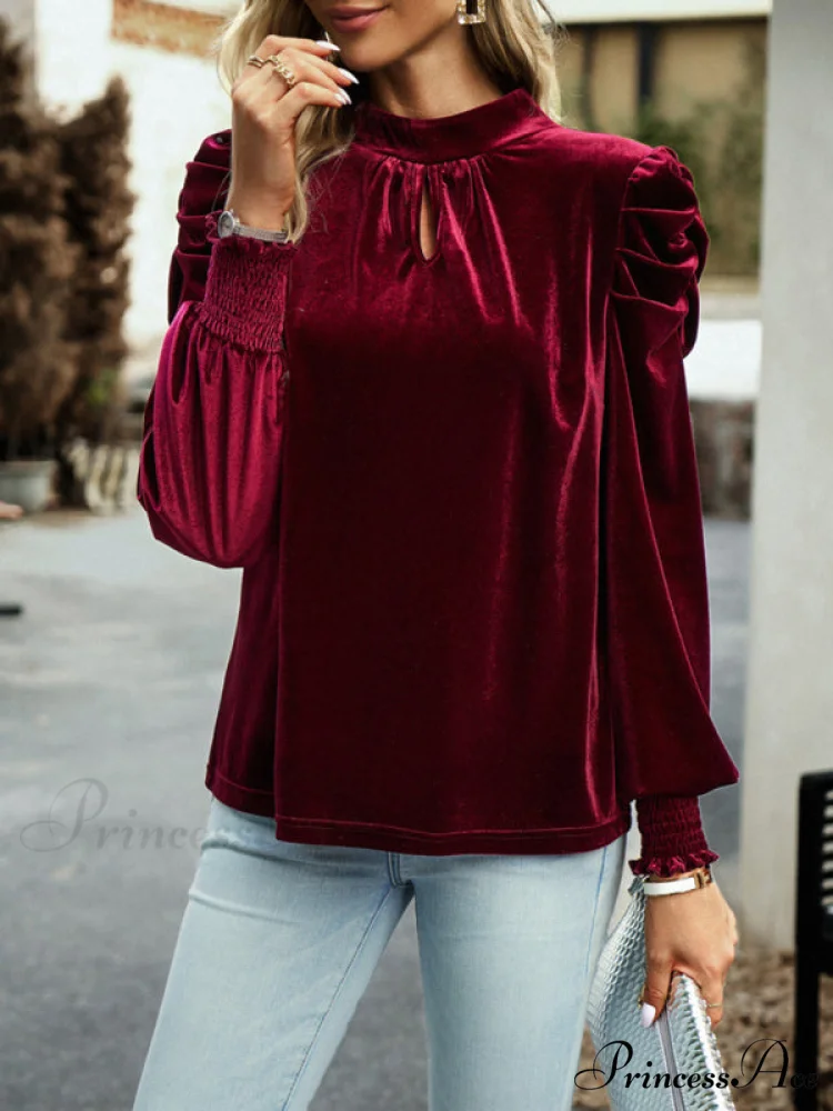 Blouse Turtleneck Puff Gold Bow Arm for Velvet Long Arm Women - Image 4