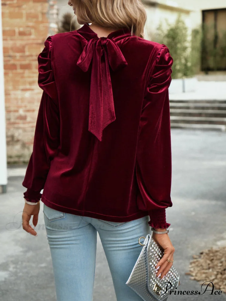 Blouse Turtleneck Puff Gold Bow Arm for Velvet Long Arm Women - Image 5