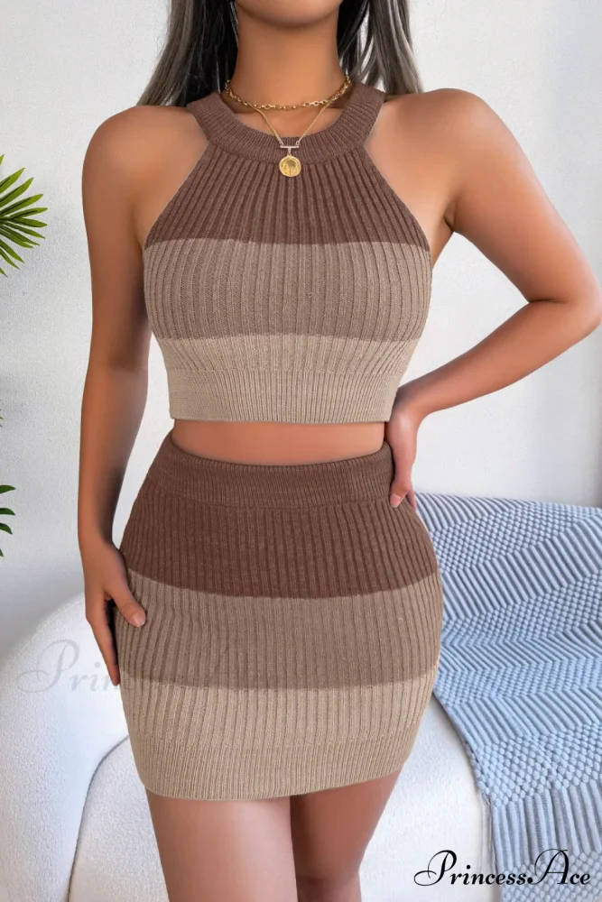 and with Set Skirt Crop Sleeveless Color Top Block Knit Design - Image 7