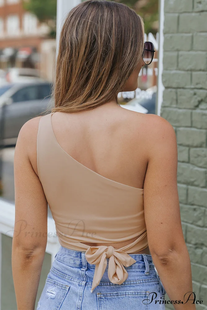 Crop Khaki One Tie Shoulder Side Top - Image 2