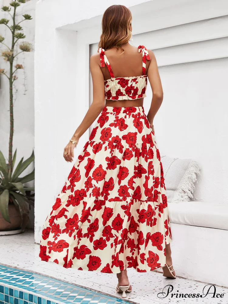 Skirt Tie Tiered Top with Full-Length Flowered Shoulder Set - Image 2