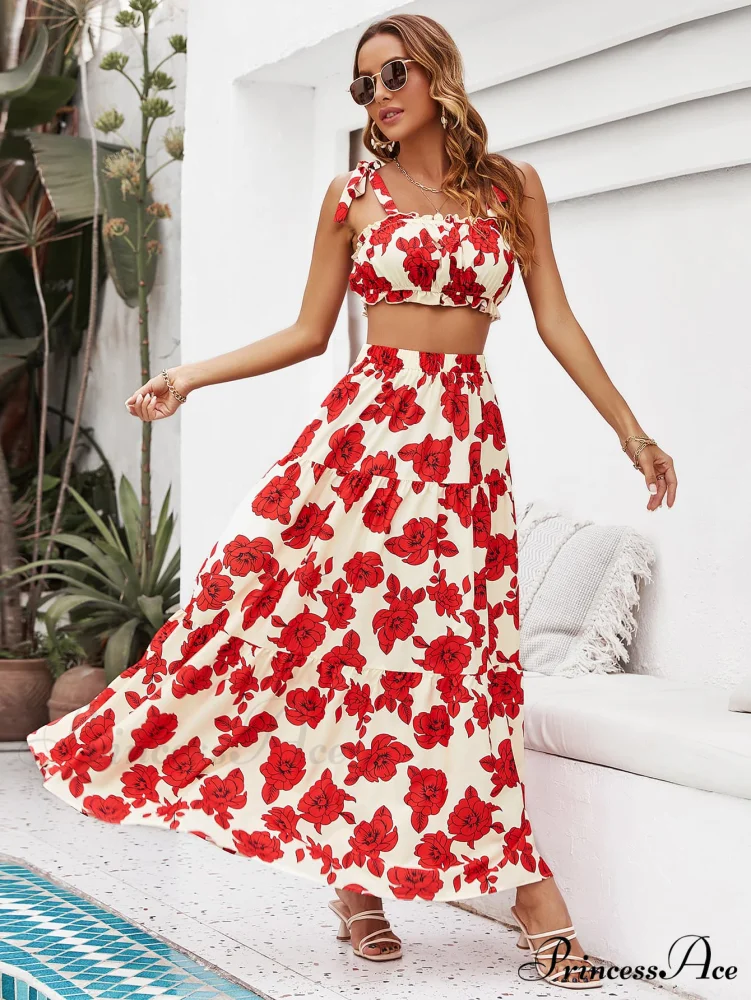 Skirt Tie Tiered Top with Full-Length Flowered Shoulder Set - Image 4