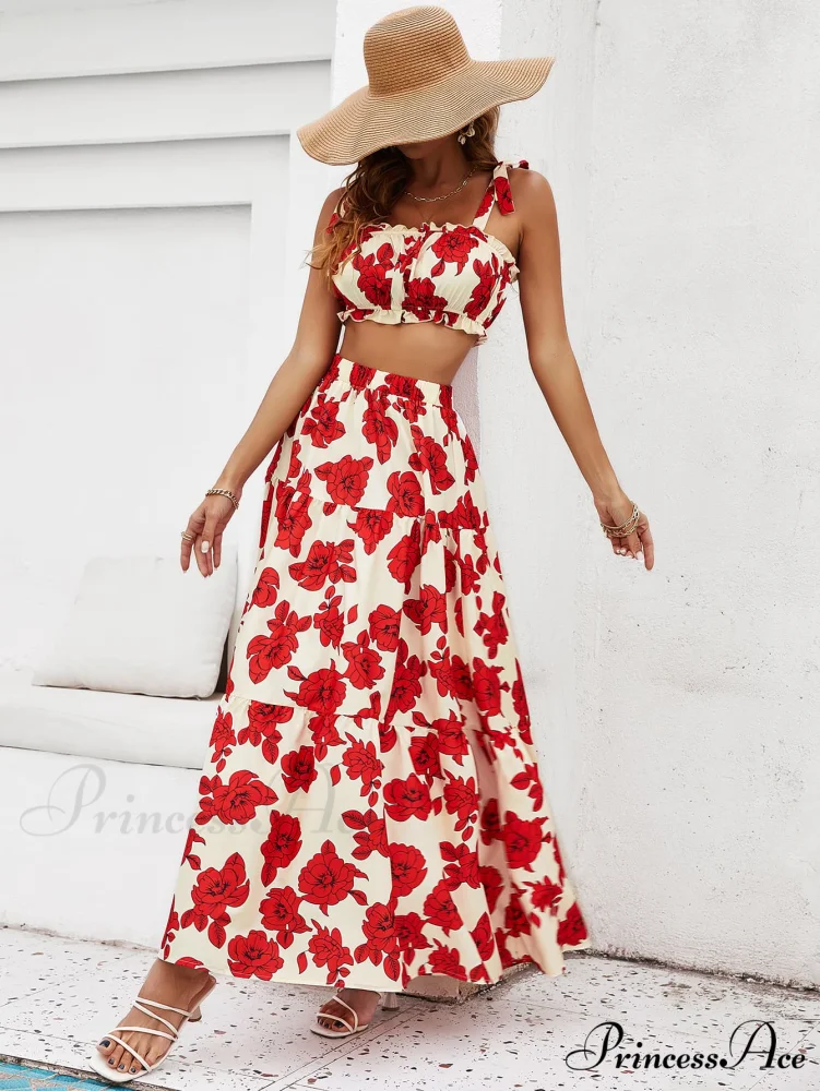 Skirt Tie Tiered Top with Full-Length Flowered Shoulder Set - Image 5