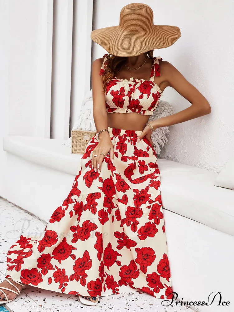 Skirt Tie Tiered Top with Full-Length Flowered Shoulder Set - Image 6