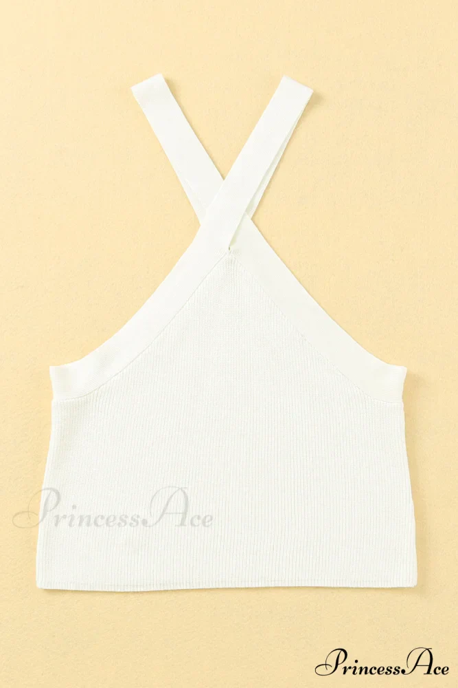 White Neck Knit Ribbed Halter Tank Cross Criss Top - Image 11