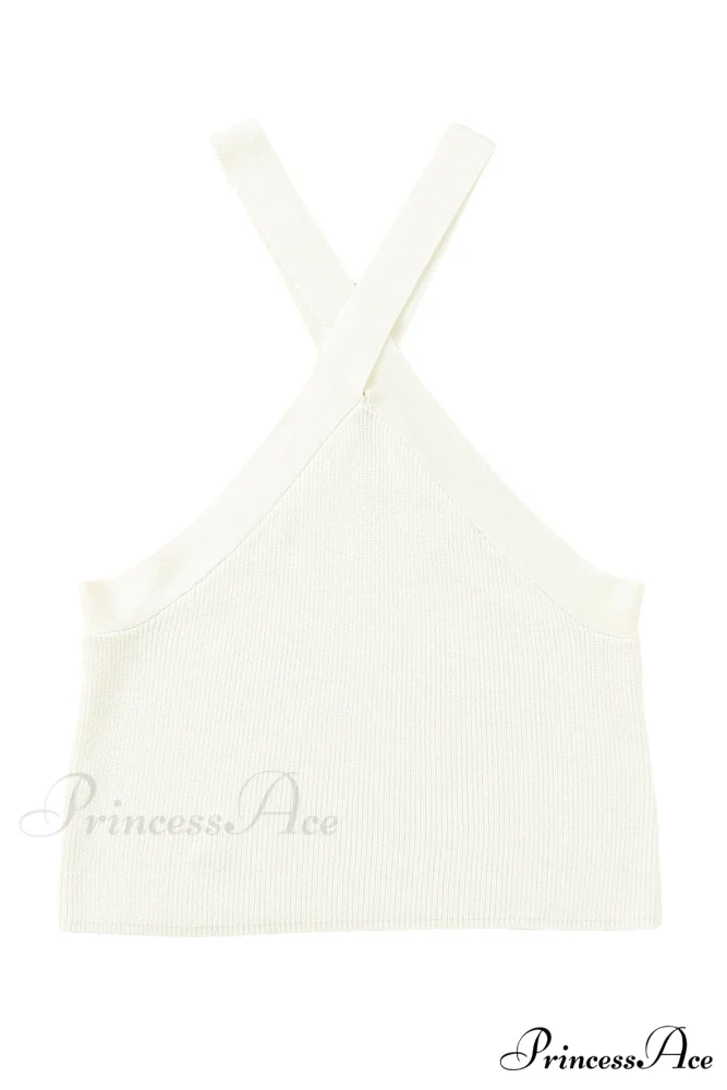White Neck Knit Ribbed Halter Tank Cross Criss Top - Image 12