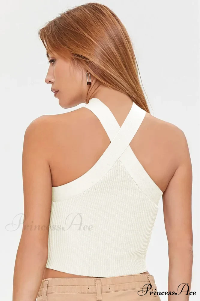 White Neck Knit Ribbed Halter Tank Cross Criss Top - Image 2