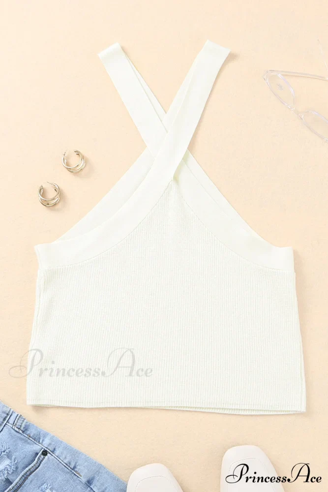 White Neck Knit Ribbed Halter Tank Cross Criss Top - Image 5