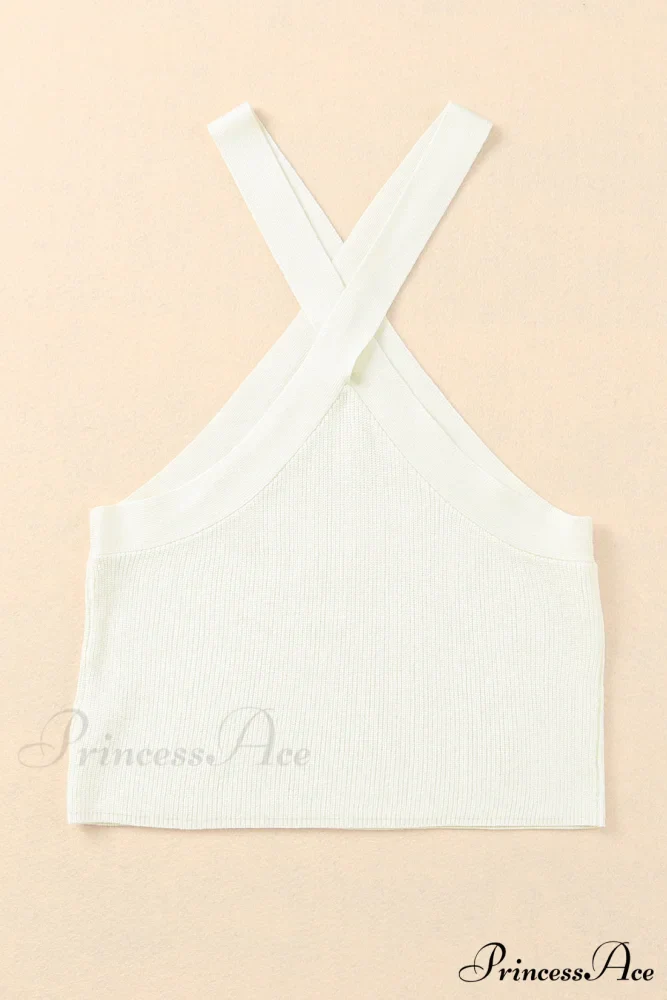 White Neck Knit Ribbed Halter Tank Cross Criss Top - Image 6