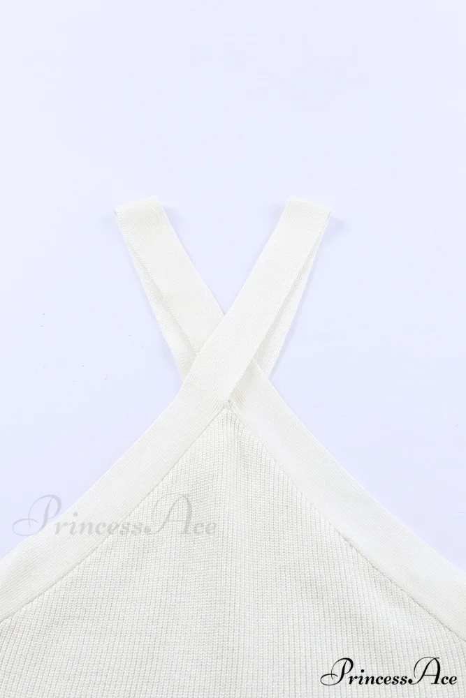 White Neck Knit Ribbed Halter Tank Cross Criss Top - Image 9