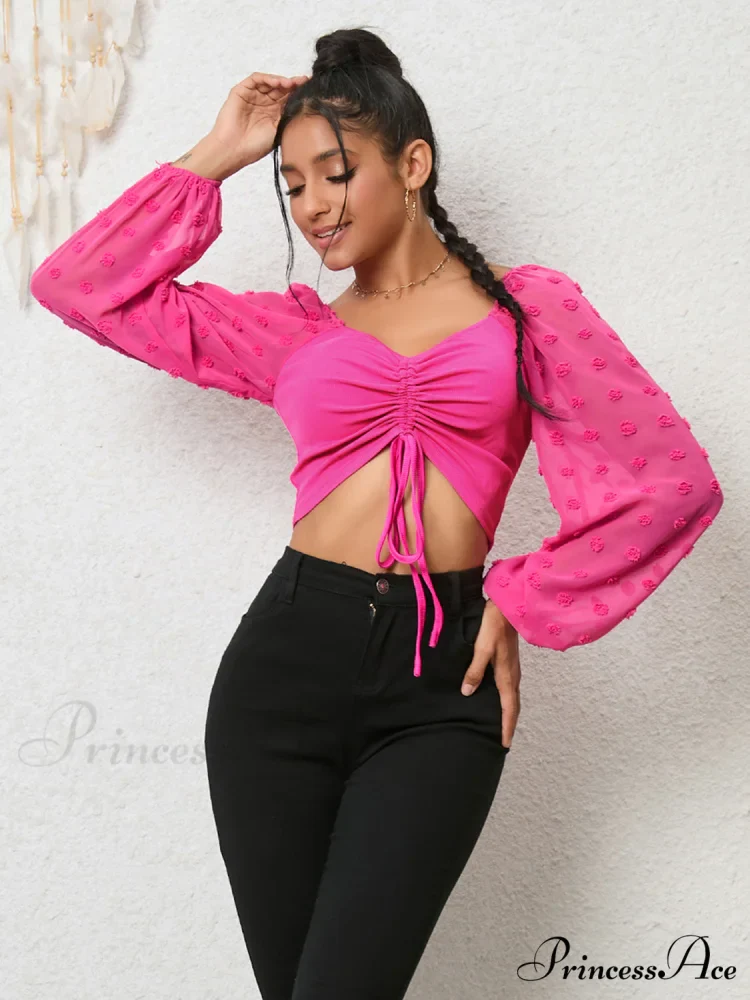 Cropped Blouse Crop Swiss Long Arm Drawstring Dot Top - Image 3