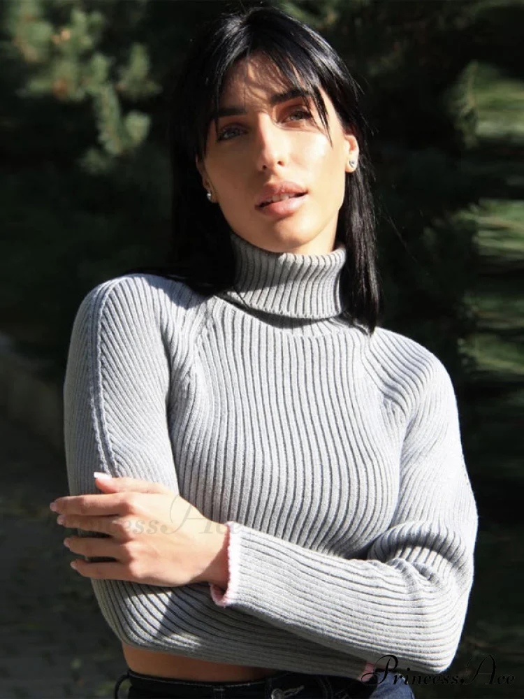 irregular sweater with hem turtleneck top short sleeve turtle long Women's crop neck - Image 19