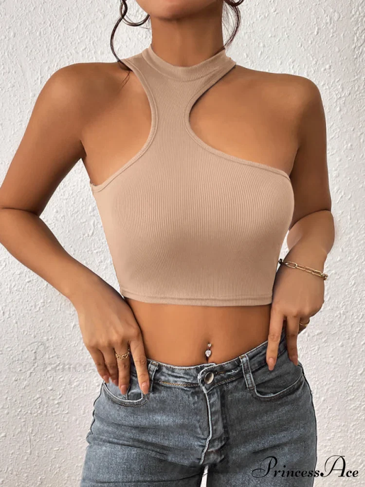 Knitted Neck Cropped Tank Top Asymmetrical Round for Women - Image 2
