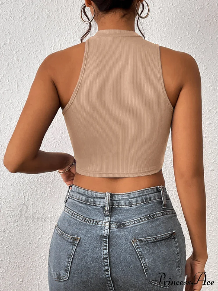 Knitted Neck Cropped Tank Top Asymmetrical Round for Women - Image 3