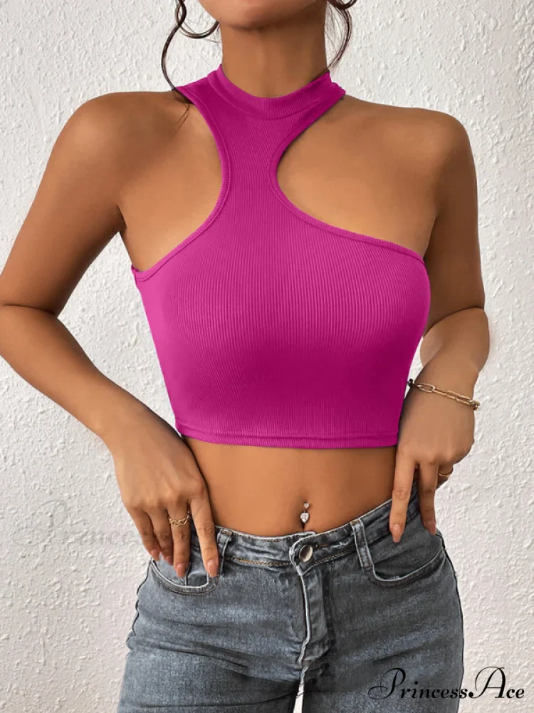 Knitted Neck Cropped Tank Top Asymmetrical Round for Women - Image 9