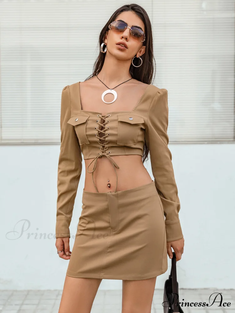 Lace-Up with and Set Cropped Top Skirt Detail - Image 3
