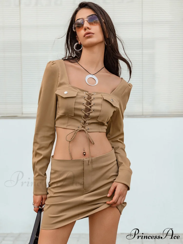 Lace-Up with and Set Cropped Top Skirt Detail - Image 4
