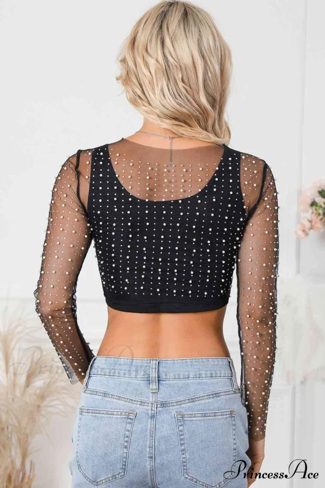 Long Cropped with Pearl Top Mesh Sleeves - Image 2