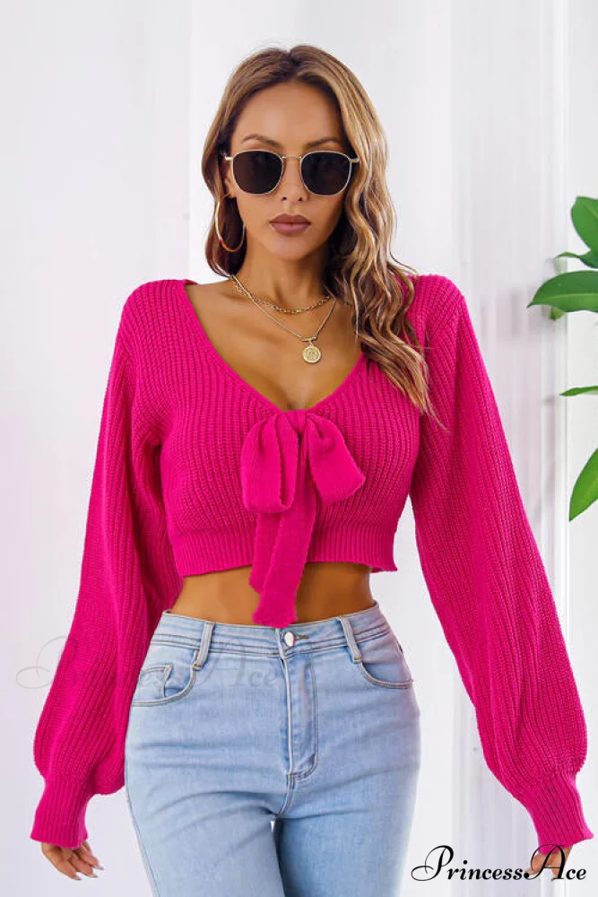 Long Cropped V-Neck Arm Sweater - Image 14