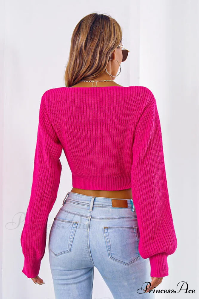 Long Cropped V-Neck Arm Sweater - Image 15