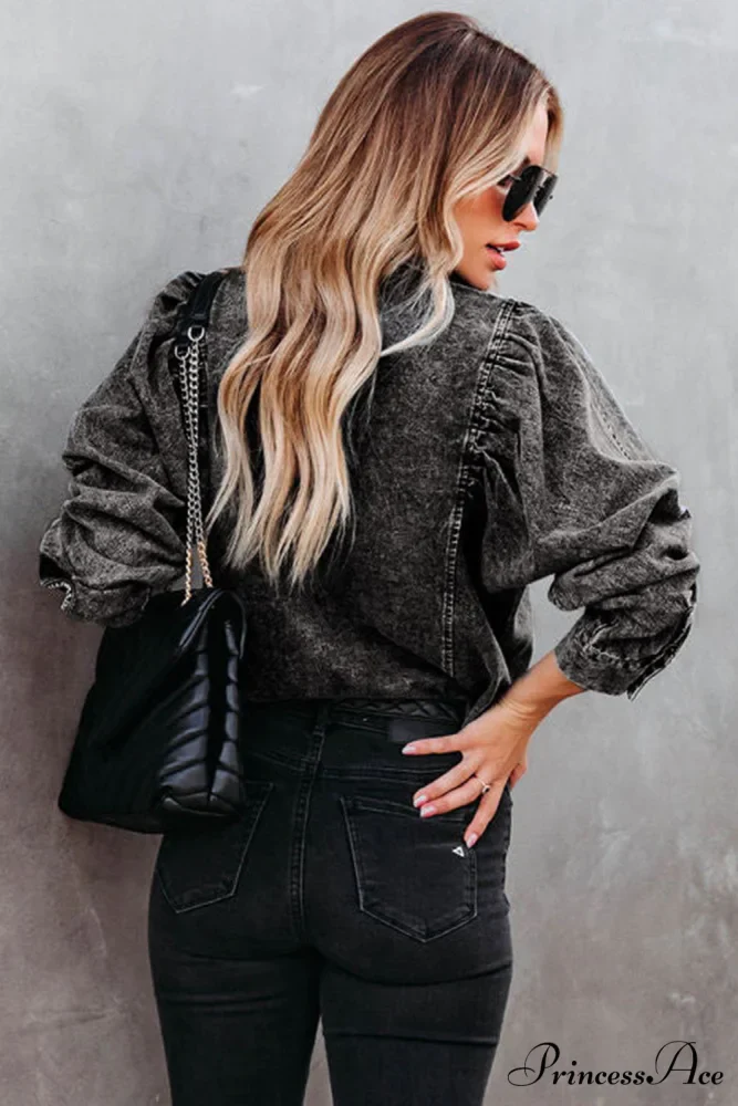 Denim - Jacket Puff Button-Up Arm Black - Image 2