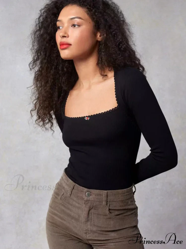 Arm Stretch Flower Boxy Long Thread T-Shirt Body Women's Neck Knitted Top - Image 6
