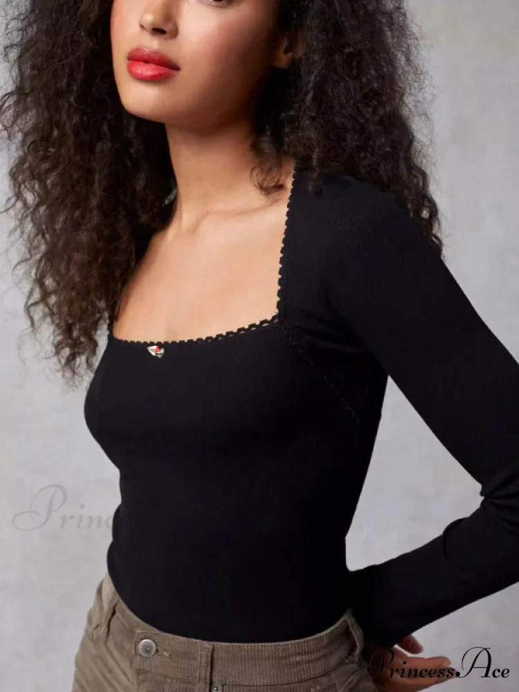 Arm Stretch Flower Boxy Long Thread T-Shirt Body Women's Neck Knitted Top - Image 7