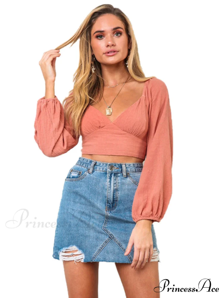 long-sleeved with strap crop top V-neck Women's tie - Image 6