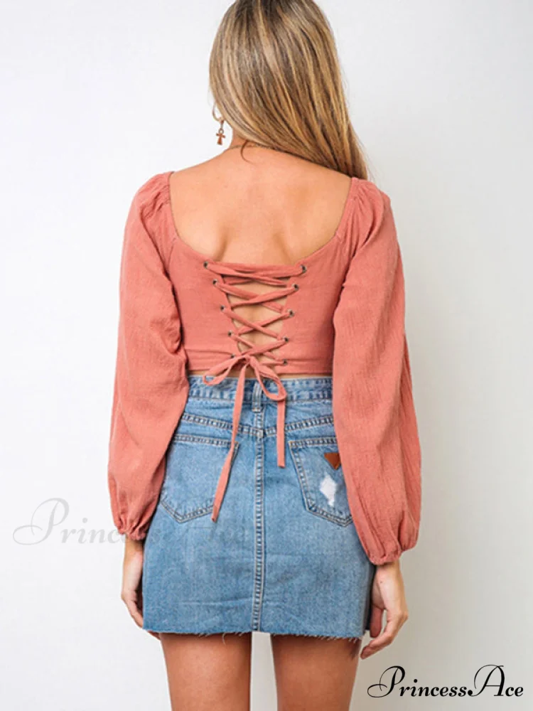 long-sleeved with strap crop top V-neck Women's tie - Image 7