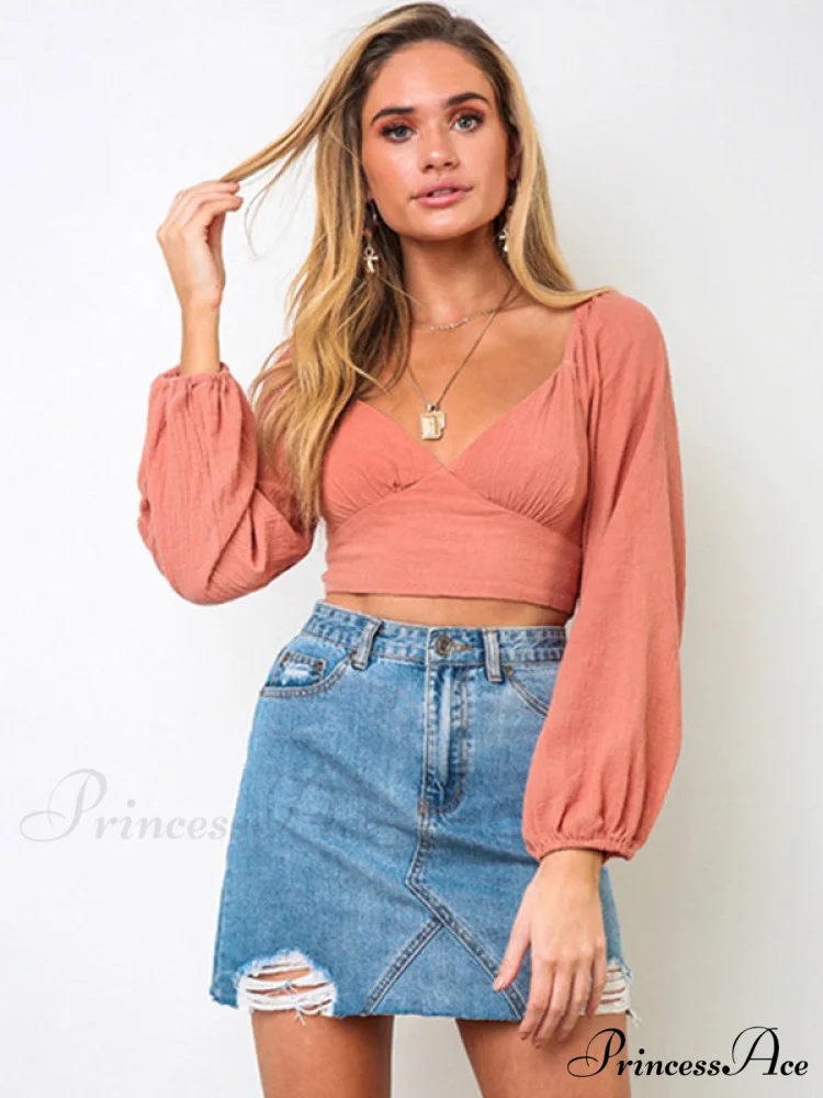 long-sleeved with strap crop top V-neck Women's tie - Image 8