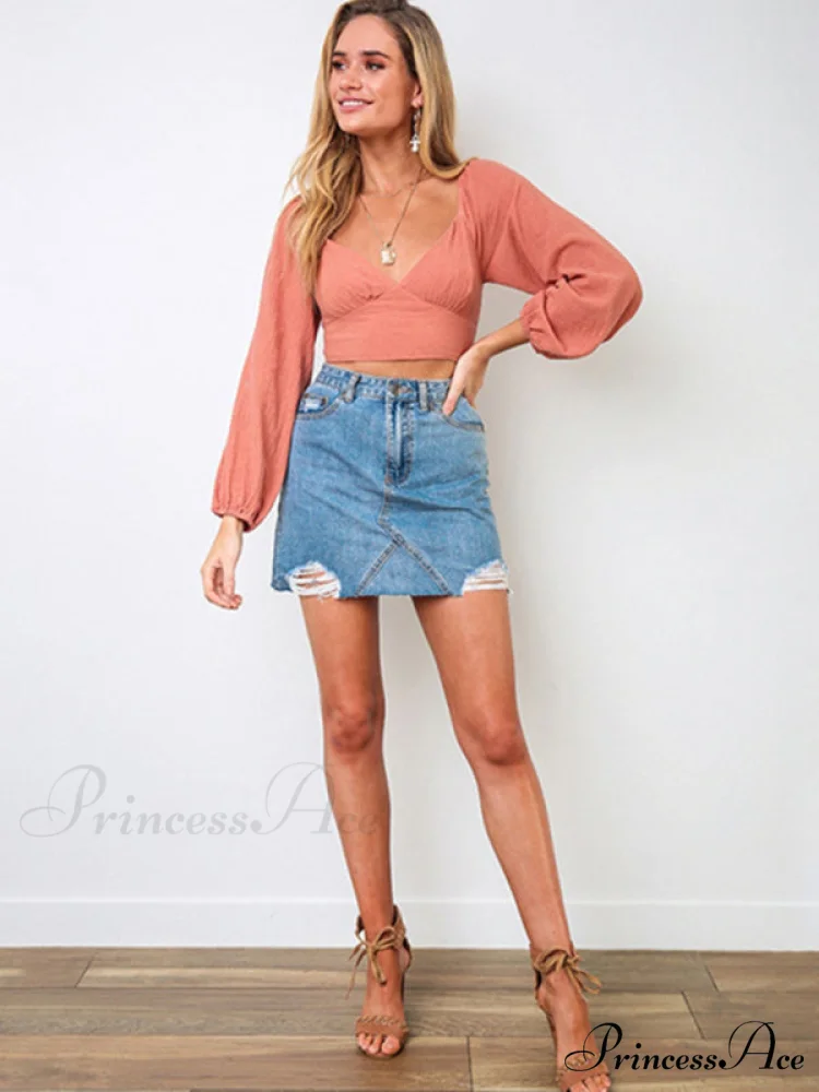 long-sleeved with strap crop top V-neck Women's tie - Image 9