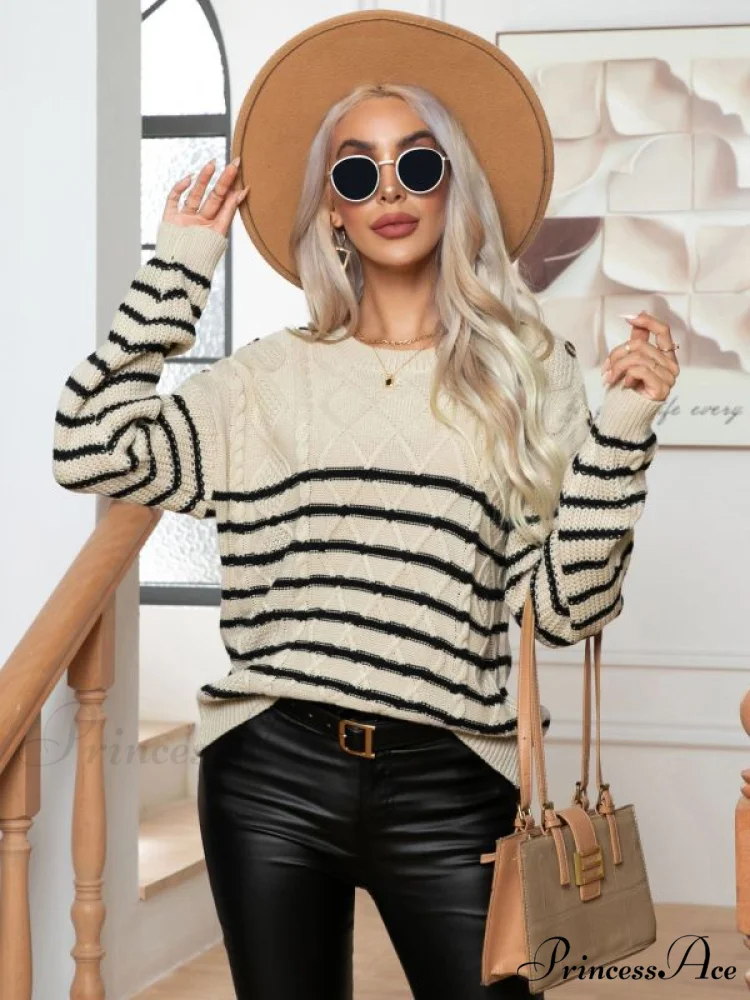 Striped Arm Casual Sweater Pullover Long for Button Women - Image 2