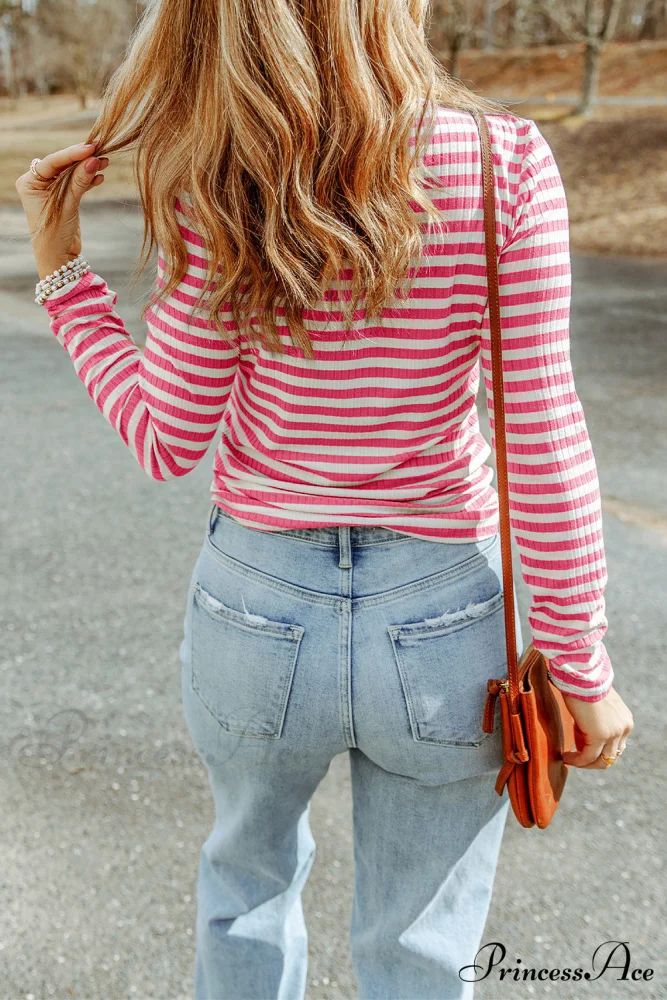 Arm Design Long Textured Pink Knit Striped Tee - Image 2