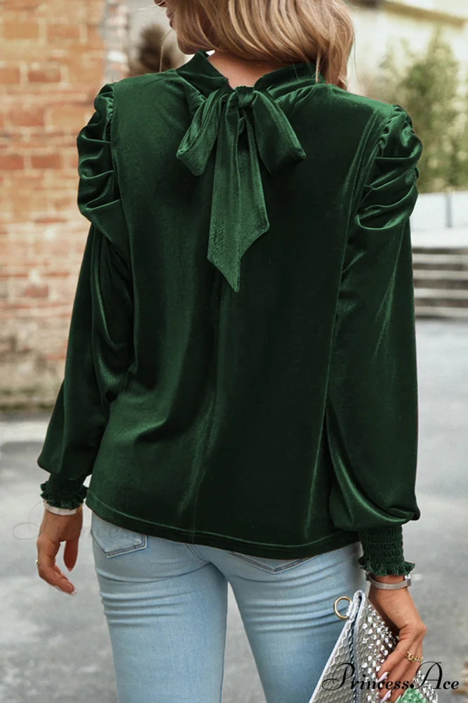 with Sleeves Velvet Puff and Neck Blackish in Mock Blouse Green - Image 2