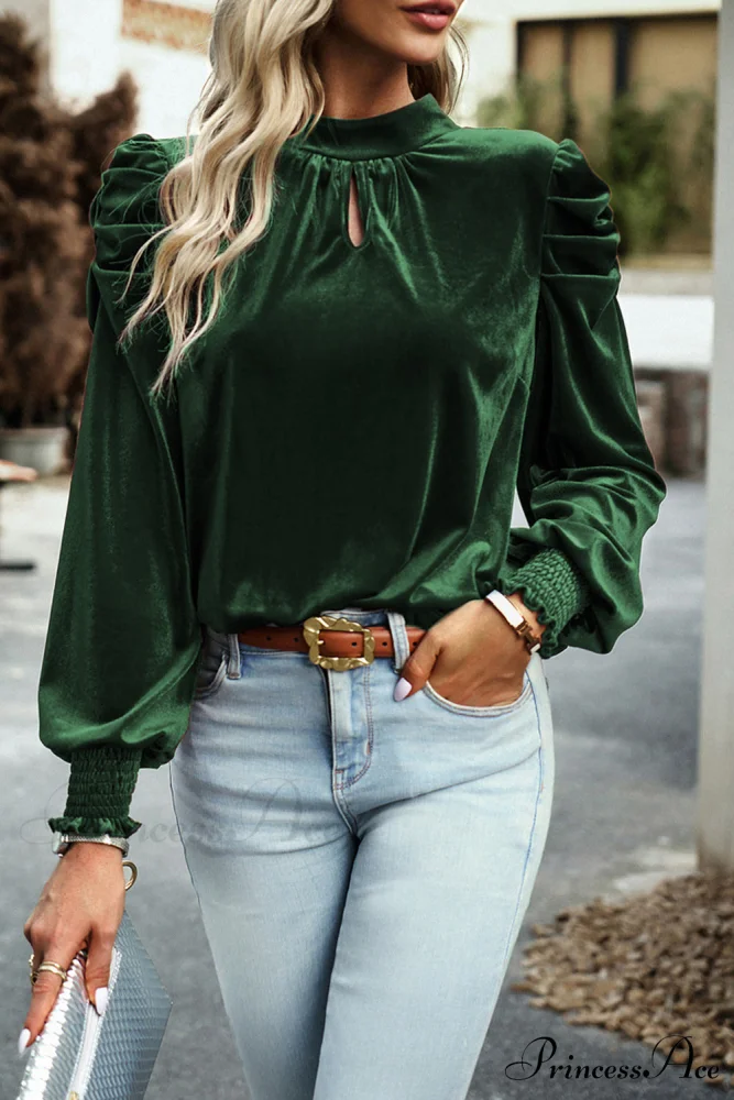with Sleeves Velvet Puff and Neck Blackish in Mock Blouse Green - Image 3