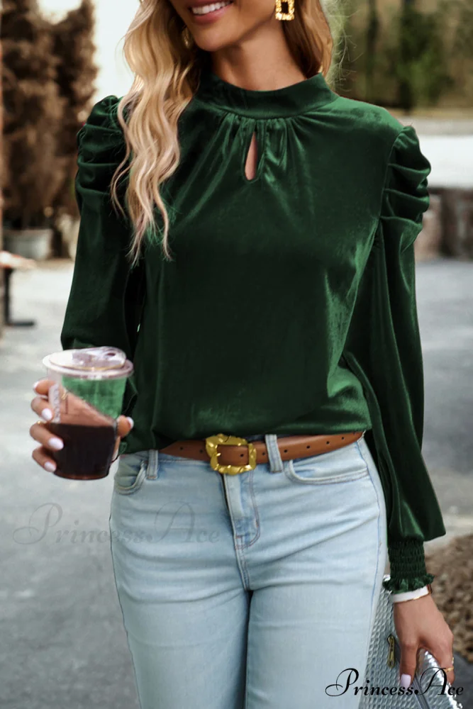 with Sleeves Velvet Puff and Neck Blackish in Mock Blouse Green - Image 4