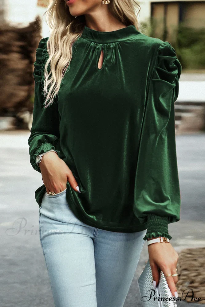 with Sleeves Velvet Puff and Neck Blackish in Mock Blouse Green - Image 5