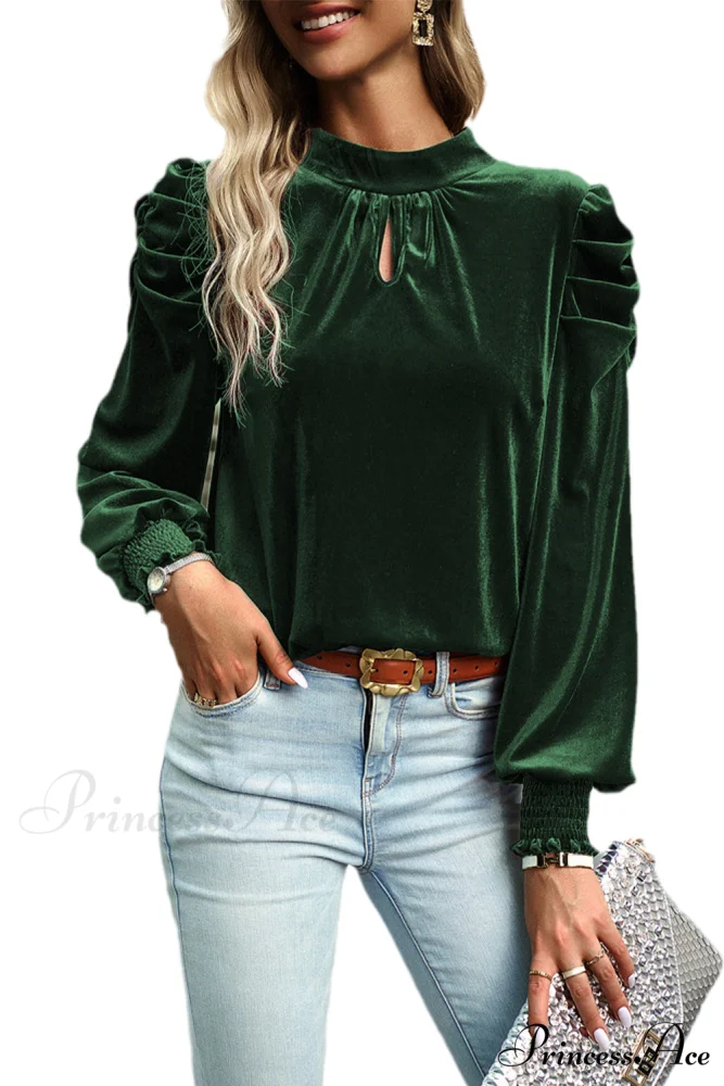 with Sleeves Velvet Puff and Neck Blackish in Mock Blouse Green - Image 6