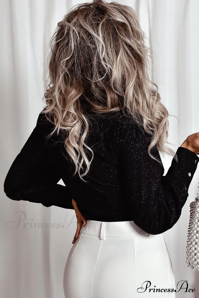 Arm Tie V Hem Black Glitter Neck Puff Wrap Top - Image 2