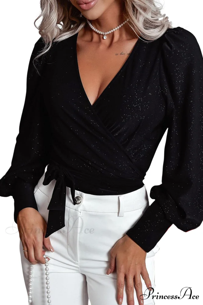 Arm Tie V Hem Black Glitter Neck Puff Wrap Top - Image 4
