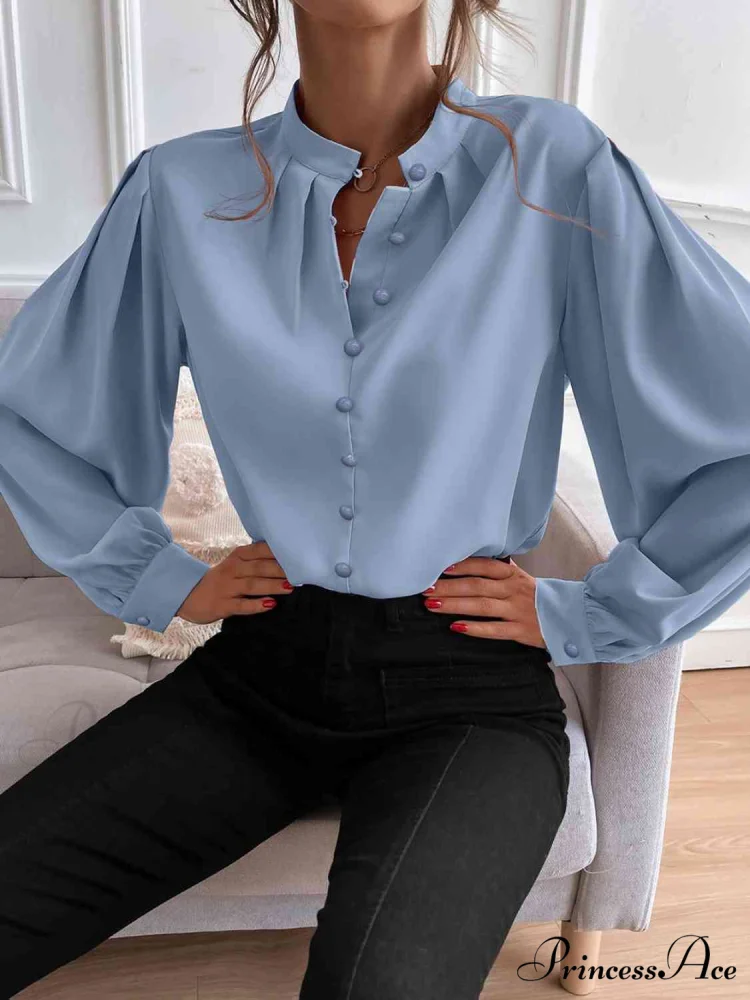 with Blouse Long Front Arm Button Mock Neck - Image 11