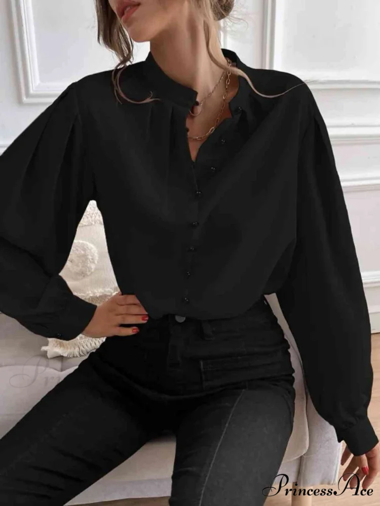 with Blouse Long Front Arm Button Mock Neck - Image 13