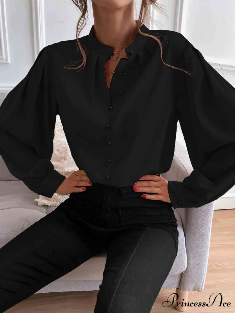 with Blouse Long Front Arm Button Mock Neck - Image 14